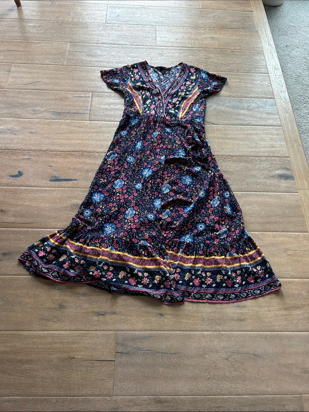 Floral Boho V-Neck Maxi Wrap Dress in Blue